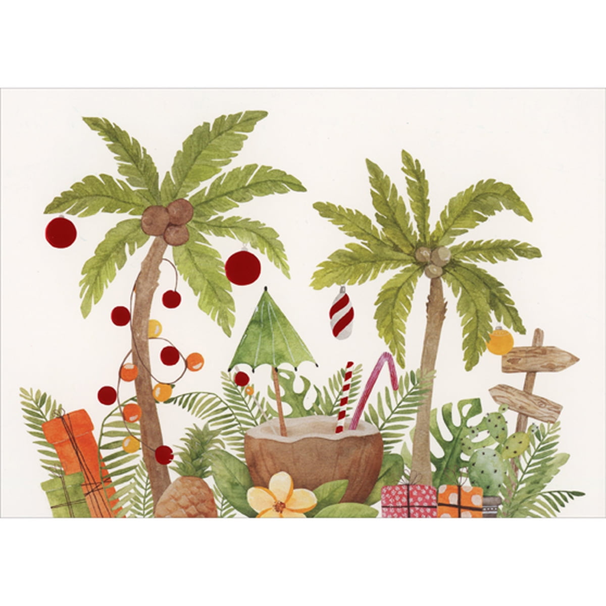 Red Farm Studios Palm Trees, Pineapple, Flowers and Tropical Drink in Coconut Shell Box of 15 Warm Weather Christmas Cards