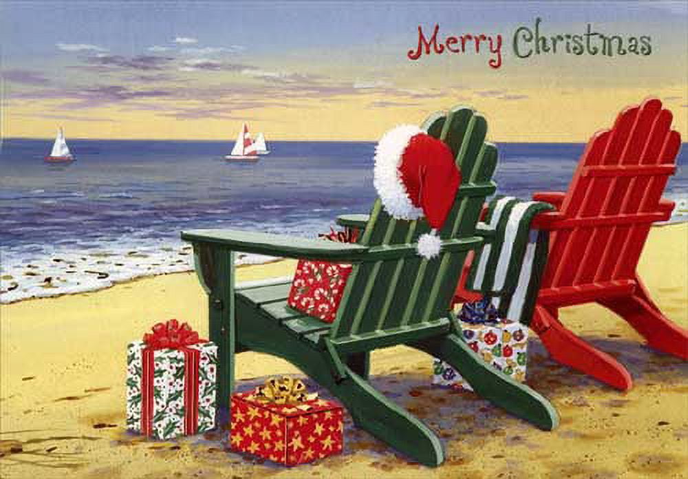 Red Farm Studios Red and Green Adirondack Chairs Coastal Christmas Card