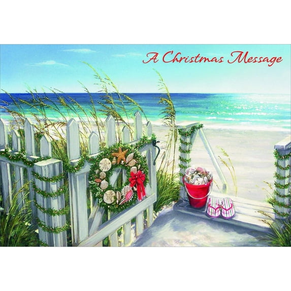 Red Farm Studios Shell Wreath with Silver Foil Accents on White Gate Box of 15 Warm Weather Coastal Christmas Cards