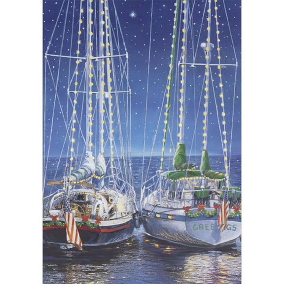 Red Farm Studios Two Sailboats Decorated with Lights, Garland, Bows and American Flags Under Starry Sky Pack of 15 Nautical Christmas / Holiday Cards