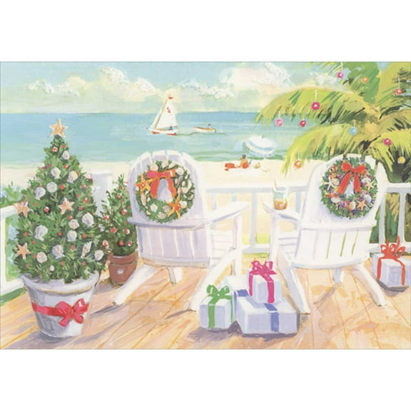 Red Farm Studios Two White Adirondack Chairs Decorated with Wreaths and Facing the Beach and Ocean Pack of 15 Holiday / Christmas Cards