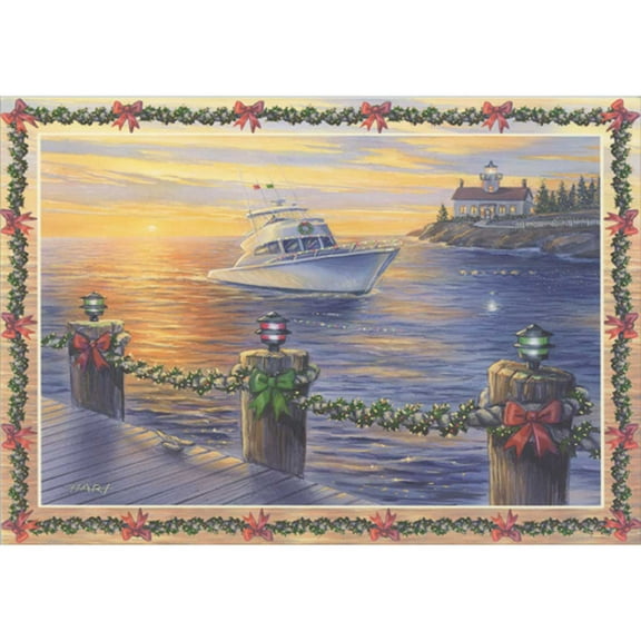 Red Farm Studios Yacht Entering Harbor Near Garland Decorated Dock with Lighthouse in Background Pack of 15 Nautical Holiday Cards / Christmas Cards
