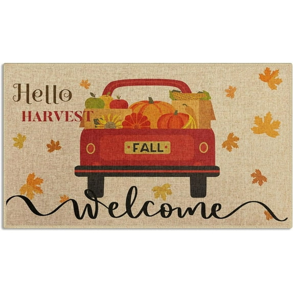 Red Farm Truck Door Mat, Fall Welcome Mat, Pumpkin Harvest Doormats Front Door Mat Outdoor Indoor Entrance Rug Floor Mat Non Slip Absorbent Resist Dirt Carpet for Entryway 17x30Inch