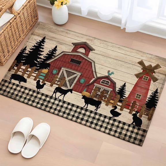 Red Farmhouse 2'x3' Rug for Entryway Front Door Kitchen Sink Area, Country Farm Barn Cow Pig Chicken Fence Tree Black Plaid Low Pile Non Slip Rectangle Area Rug, Machine Washable Indoor Outdoor Mat
