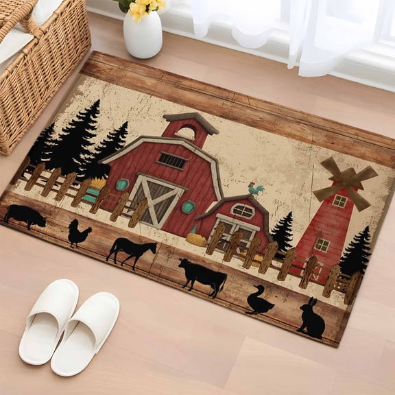 Red Farmhouse 2'x3' Rug for Entryway Front Door Kitchen Sink Area, Country Farm Barn Cow Pig Chicken Fence Tree Wood Grain Low Pile Non Slip Rectangle Area Rug, Machine Washable Indoor Outdoor Mat