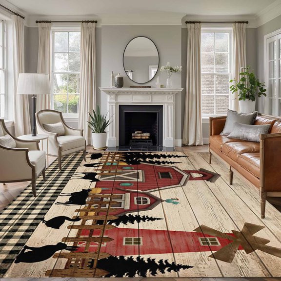 Red Farmhouse 8'x10' Large Area Rug for Living Room Sectional Sofa, Country Farm Barn Cow Pig Chicken Fence Tree Black Plaid Non Slip Low Pile Rectangle Area Rug, Machine Washable Indoor Outdoor Mat