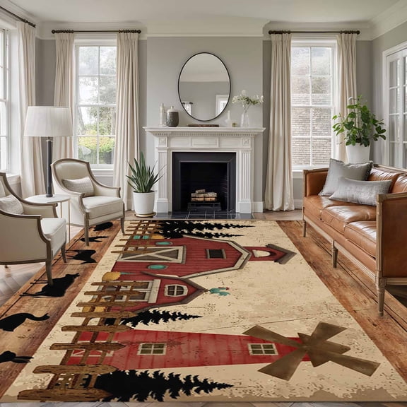 Red Farmhouse 8'x10' Large Area Rug for Living Room Sectional Sofa, Country Farm Barn Cow Pig Chicken Fence Tree Wood Grain Non Slip Low Pile Rectangle Area Rug, Machine Washable Indoor Outdoor Mat