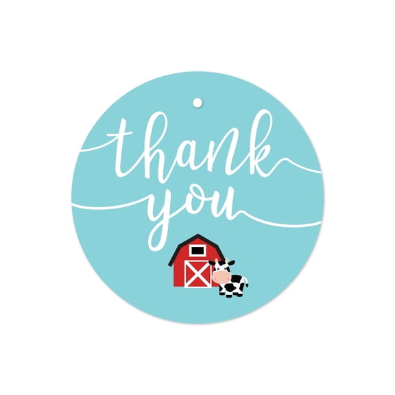 Red Farmhouse Barnyard Birthday, Round Circle Gift Tags, Thank You!, 24-Pack