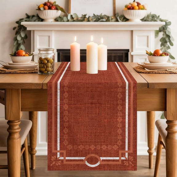 Red Farmhouse Dining Table Runner, Linen Texture Geometric Lines Floral Boho Washable Table Runners Kitchen Coffee Table Center Decor for Home Party Holiday Wedding 13 x 108 Inches