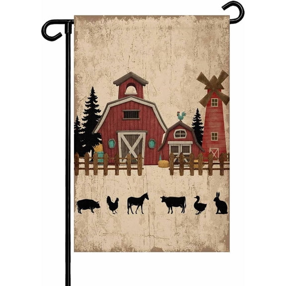 Red Farmhouse Garden Flag 12x18 Inch Vintage Farm Barn Cow Pig Chicken Rabbit Fence Tree Double Sided Yard Flags for Outdoor Decoration Welcome Flag Outside Holiday Home Garden Porch lawn Patio Sign