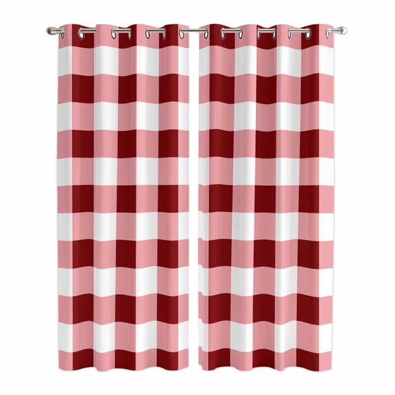 Red Farmhouse Kitchen Curtains 96 Inch Length, Gradient Buffalo Plaid Lattice Grid Grommet Top Bedroom Living Room Curtains, Light Filtering Cafe Curtain Drapes 2 Panels Set 104''x96''
