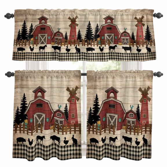 Red Farmhouse Kitchen Curtains and Valances Set, Country Farm Barn Cow Pig Chicken Fence Tree Black Plaid Rod Pocket Window Valance Window Curtain Panels for Living Room Laundry, 27.5x24in, 3 Pieces
