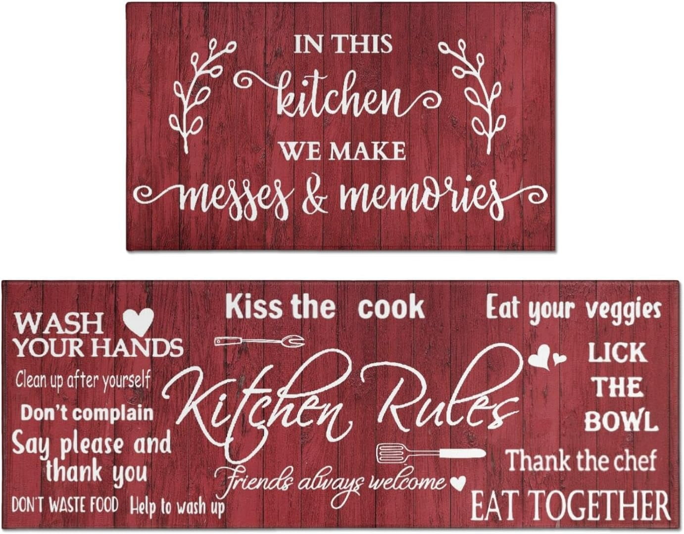 Red Farmhouse Kitchen Rug Sets of 2 Piece Non Slip Kitchen Rugs and Mats Washable Kitchen Mats for Kitchen Floor Mat Carpet Runner Rugs for Hallway Laundry Decor 17”x30“+17'''' X 47''''