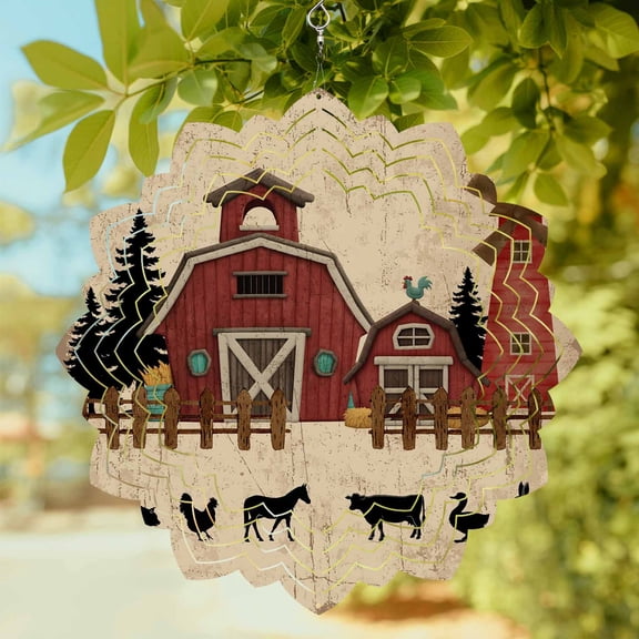Red Farmhouse Wind Spinner for Garden Yard 8In, Vintage Farm Barn Cow Pig Chicken Rabbit Fence Tree 3D Stainless Steel Kinetic Hanging Wind Spinners Rustproof Outdoor Decor for Lawn Patio Home