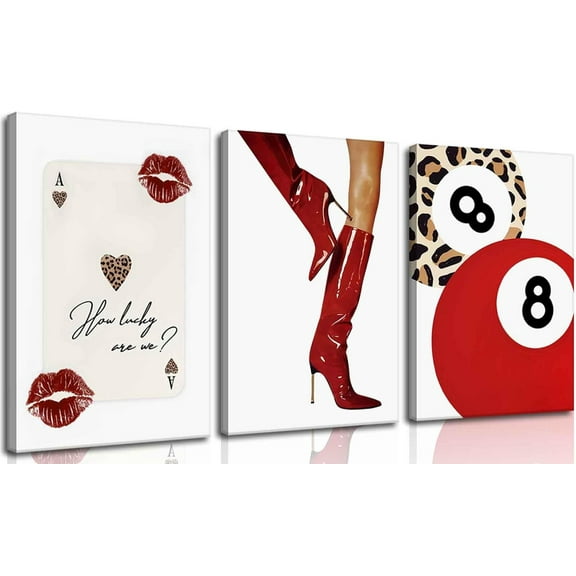 Red Fashion Leopard Canvas Wall Art Funky Preppy Girly Coquette Boots 8 Ball Lucky Trendy Wall Decor Pictures Ace of Hearts poster Playing Card Poker Cheetah Prints Bedroom Decoration Unframes