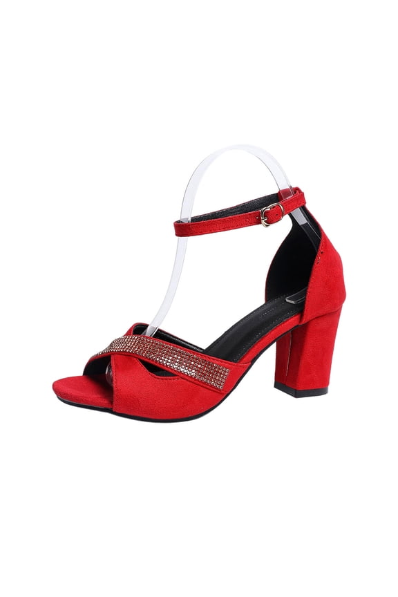 Red Fashion Women Solid Color Round Open Toe High Heel Sandals Rhinestones Accent Adjustable Buckle Breathable Flocked Upper