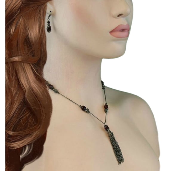 Red Faux Crystal Tassel Gunmetal Necklace Pierced Earrings Jewelry Set Ladies Adult Female Women