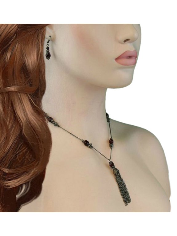 Red Faux Crystal Tassel Gunmetal Necklace Pierced Earrings Jewelry Set Ladies Adult Female Women