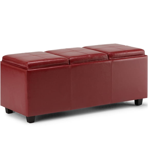 Red Faux Leather Storage Ottoman Bench with Serving Trays, Multi-Functional Foot Rest Stool for Living Room, Bedroom, Entryway