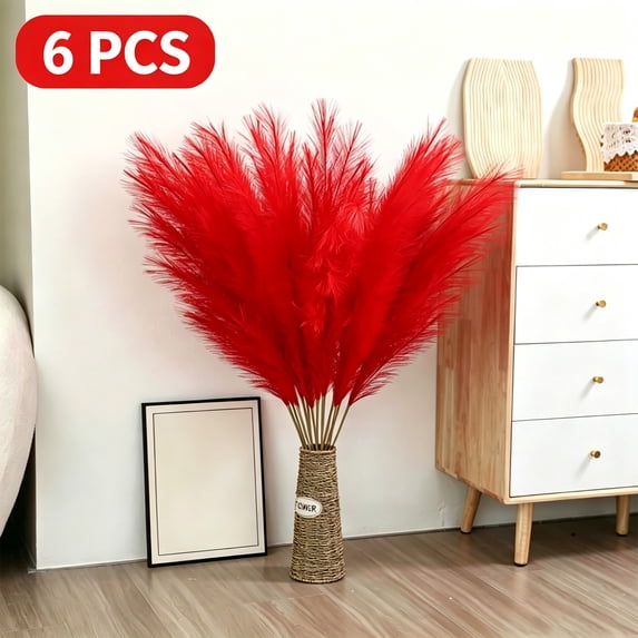 Red Faux Pampas Grass,6 PCS Artificial Velvet Pampas Grass, Fake Feather Reed Sticks for Gothic Home Decor, Wedding, Birthday Party, Festival and Contemporary Interior Christmas Decorations