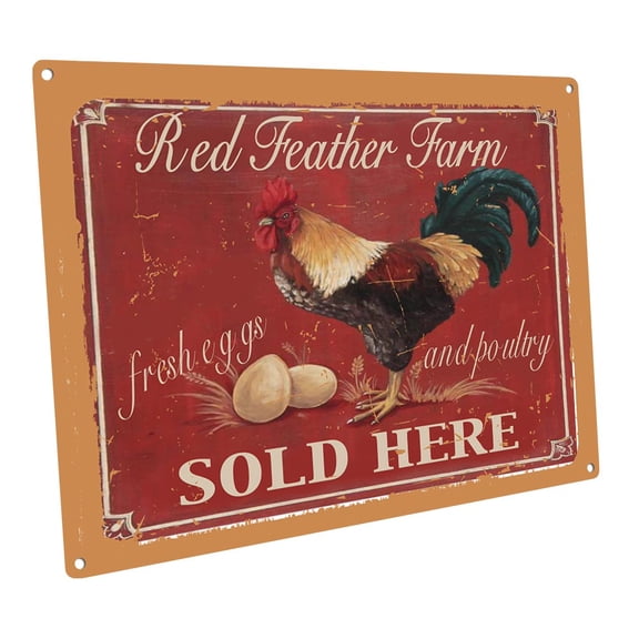 Red Feather Farm, Fresh Eggs and Poultry Metal Sign, Rooster by OMSC