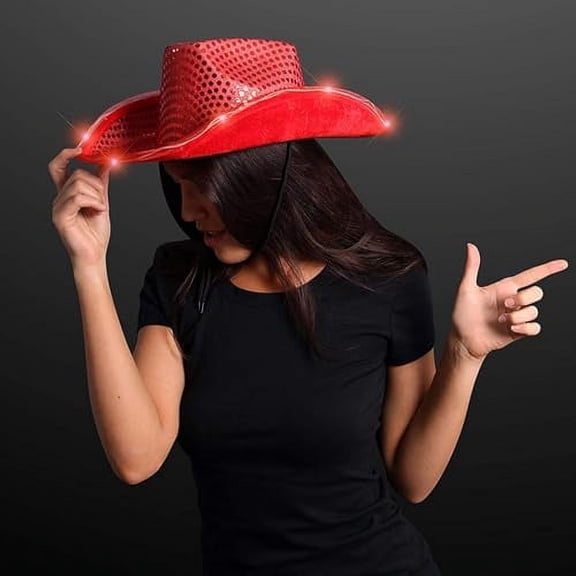 Red Fedora, Neon Cowboy Hat, Disco Cowgirl Hat with Light for Club, Sparkly Glitter Space Cowboy Hat Fun Metallic Holographic Party