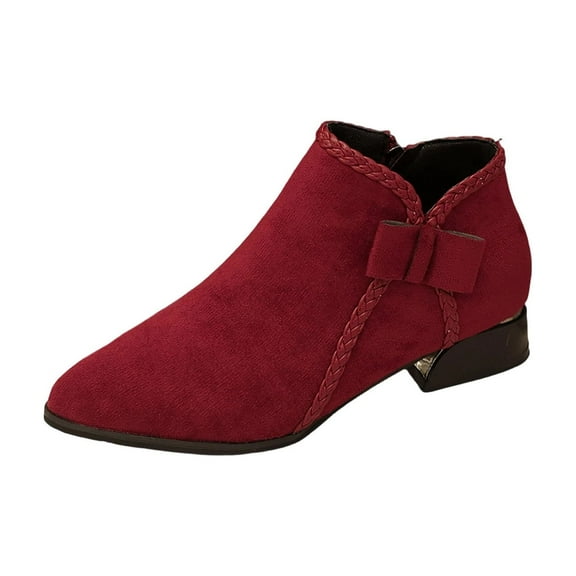 Red Female Ankle Boots With A Robust Heel And Bow Detail Great For Outdoor Adventures In Fall Winter Thick Soled For Support And Chic Finish