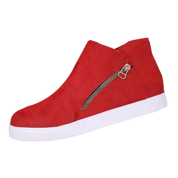 Red Female Everyday Boots With Round Toe Side Zipper Flat For Leisure Activities Comfortable
