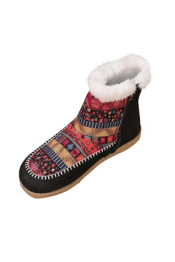 Red Women'S Winter Snow Boots Fashion Casual Classic Ankle Boots Thick Sole Ethnic Printed Pattern Warm Plush Lined Non-Slip Outdoor Footwear 1.37Lb