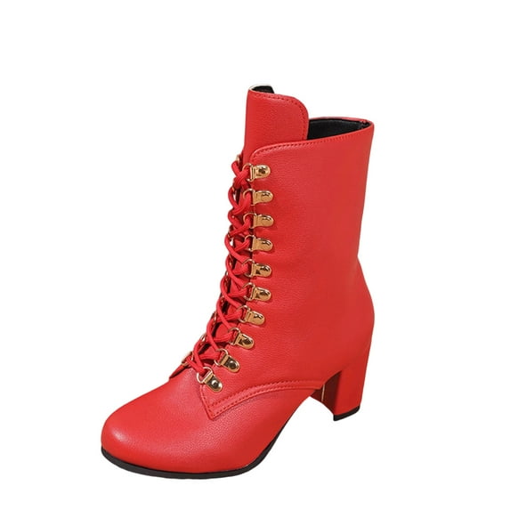 Red Female Short Barrel Boots With Thick Heel And Solid Color For Elevation Comfortable Wear In Fall And Winter