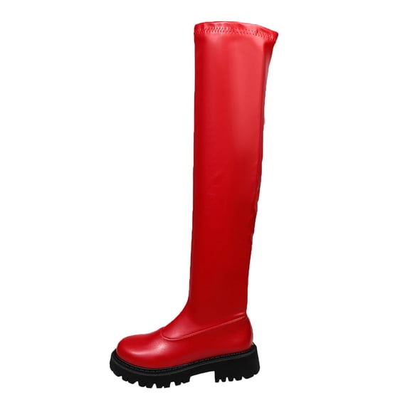 Red Women'S Boots Over The Knee Stretchy Comfortable, Fashion Chunky Heel Non-Slip Durable, Round Toe Slip-On Fall Winter, Size 42 Eu/26 Cm