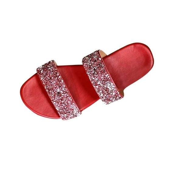 Red Female Trendy Relaxed Summer Glimmering Ornamented Flats For Outdoor And Indoor Wear With Comfort
