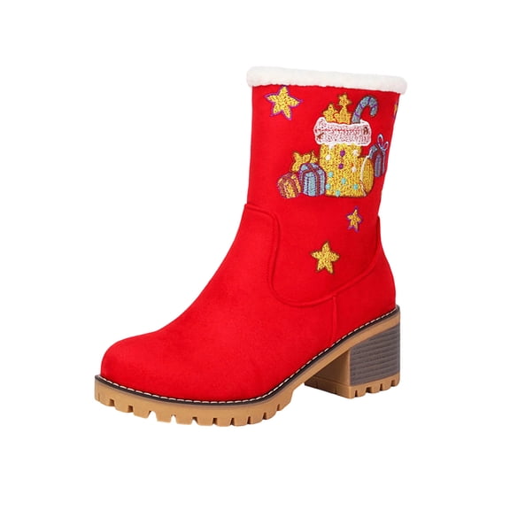 Red Females Fashion Casual Versatile Trendy Cool Fashionable Christmas Embroidered Round Toe Thick Sole Thick Middle Heel Thick Lined Short Boots Suitable For Activities