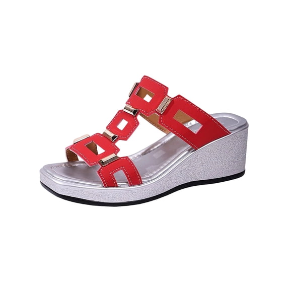 Red Females Plus Size Sandals Featuring Peep-Toe Wedge And One-Strap Soft Sole For Casual Beach Pu