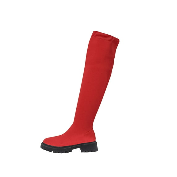 Red Feminine Chic Mesh Stockings Boots With Round Toe Chunky Low Heel For Casual Stretch Wear Winter