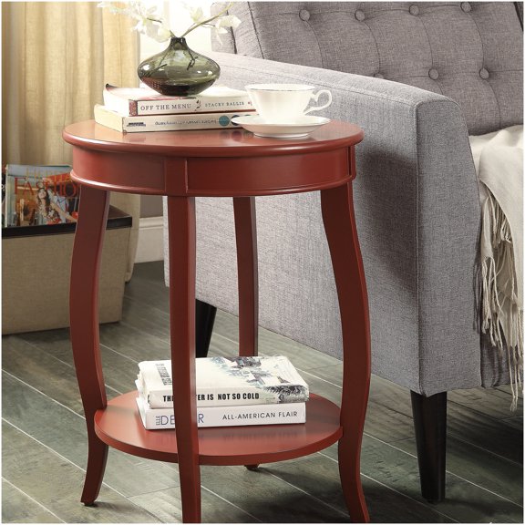 Red Finish Round Accent Table with Bottom Shelf, Sturdy Synthetic Wood End Table for Living Room, Bedroom, or Entryway