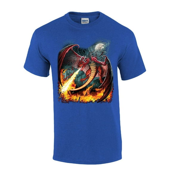 Red Fire Breathing Dragon House of Dragon Moonlight Mens Short Sleeve T-shirt Graphic Tee-Antique Royal-small