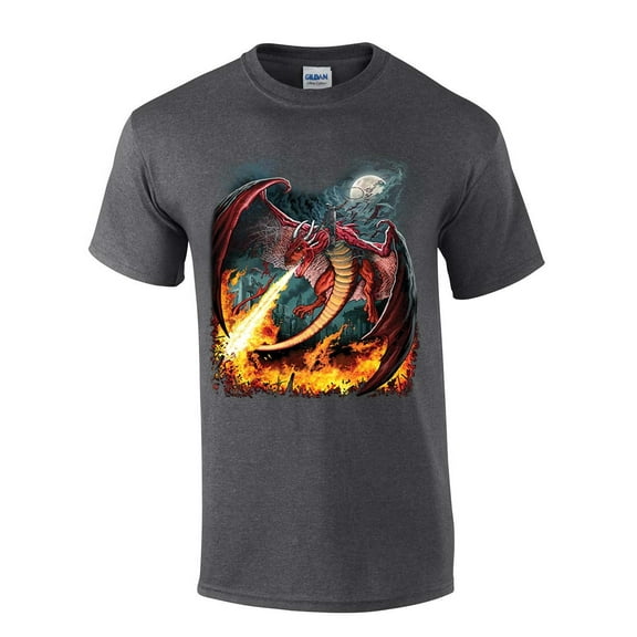Red Fire Breathing Dragon House of Dragon Moonlight Mens Short Sleeve T-shirt Graphic Tee-Heather Grey-small