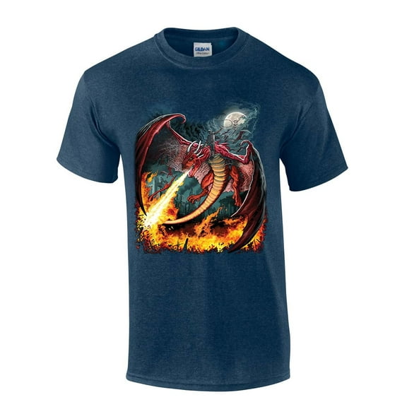 Red Fire Breathing Dragon House of Dragon Moonlight Mens Short Sleeve T-shirt Graphic Tee-Heather Navy-xxl