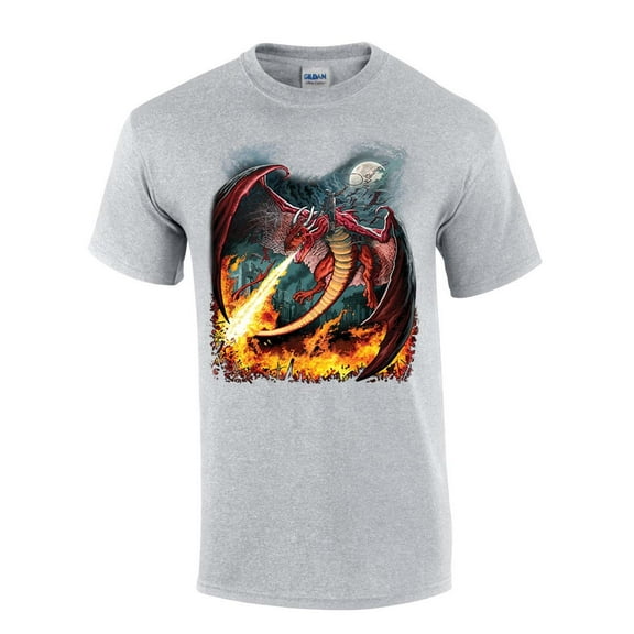 Red Fire Breathing Dragon House of Dragon Moonlight Mens Short Sleeve T-shirt Graphic Tee-Sports Grey-4xl