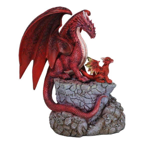 Red Fire Elemental Dragon with Baby Hatchling Standing On Rock Cliff Figurine