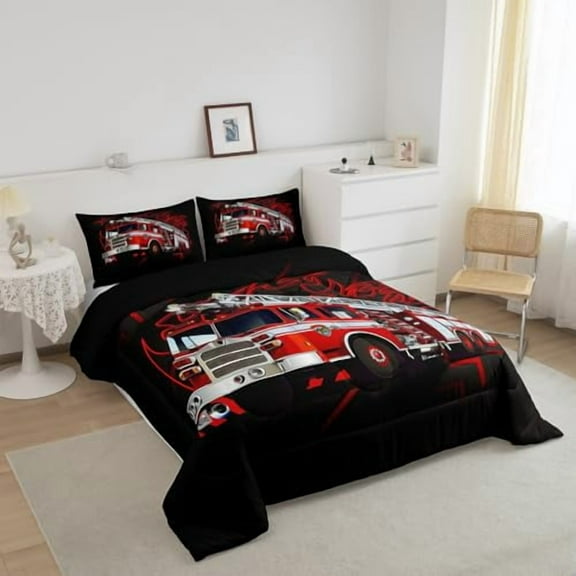 Red Fire Engine Comforter Set for Teens Wheel Printed Bedding Set Fire Truck Bedding Home Decor for Kids Comforter Twin Size 2 Pcs Car Vehicle Print Quilted Duvet Set 1 Comforter with 1 Pillowcase
