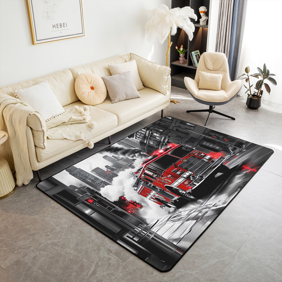 Red Fire Engine Indoor Floor Mat Entrance Rug,Black White Urban Street ...