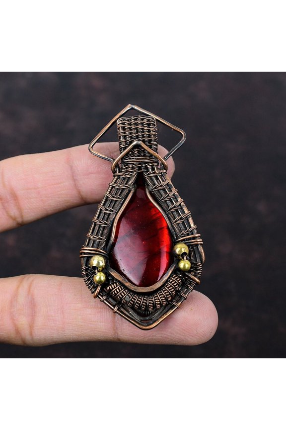 Red Fire Labradorite Copper Gift For Briedsmaid Wire Wrapped Pendant 2.83"