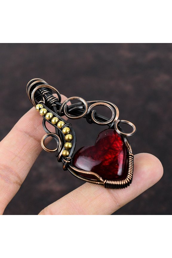 Red Fire Labradorite Copper Gift For Love Wire Wrapped Pendant 2.95"