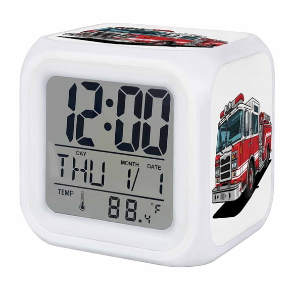Red Fire Truck Alarm Clock, Retro Classic Car Cartoon Digital Clock Night Light with 7 Color, Calendar Temperature Display, LED Desk Small Clock for Bedrooms Bedside Living Room