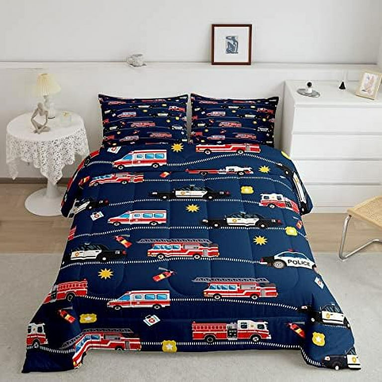 Red Fire Truck Car Bedding Set Firefighter Comforter Set Fire Engine Comforter for Kids Room Decor Firemen Car Vehicle Duvet Set Geometric Lattice Grid Twin Size with 1 Pillow Case Walmart