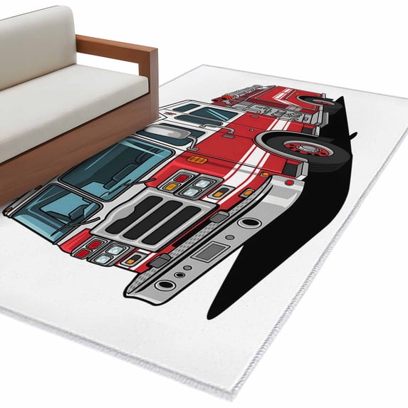 Red Fire Truck Large Area Rugs for Bedroom Living Room, Soft Non Slip Carpet Bedside Rug, Funny Cute Car Rectangular Floor Cover Kitchen Accent Rug 2.7'x5' for Dining Room/Office