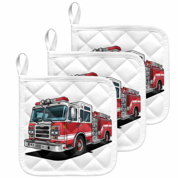 Red Fire Truck Pot Holders for Kitchen Heatproof Potholder, 3 Pack Funny Cute Car Hot Pads Multipurpose Oven Pads Cloth Potholders Trivet for Cooking Baking