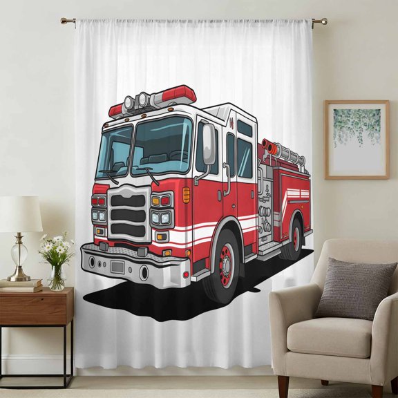 Red Fire Truck Sheer Curtains 45 Inches Long, Funny Cute Car Light Filering Curtains, Breathable Simi Curtain Privacy Drapes for Kitchen Bathroom Lightweight Small Window Treatment